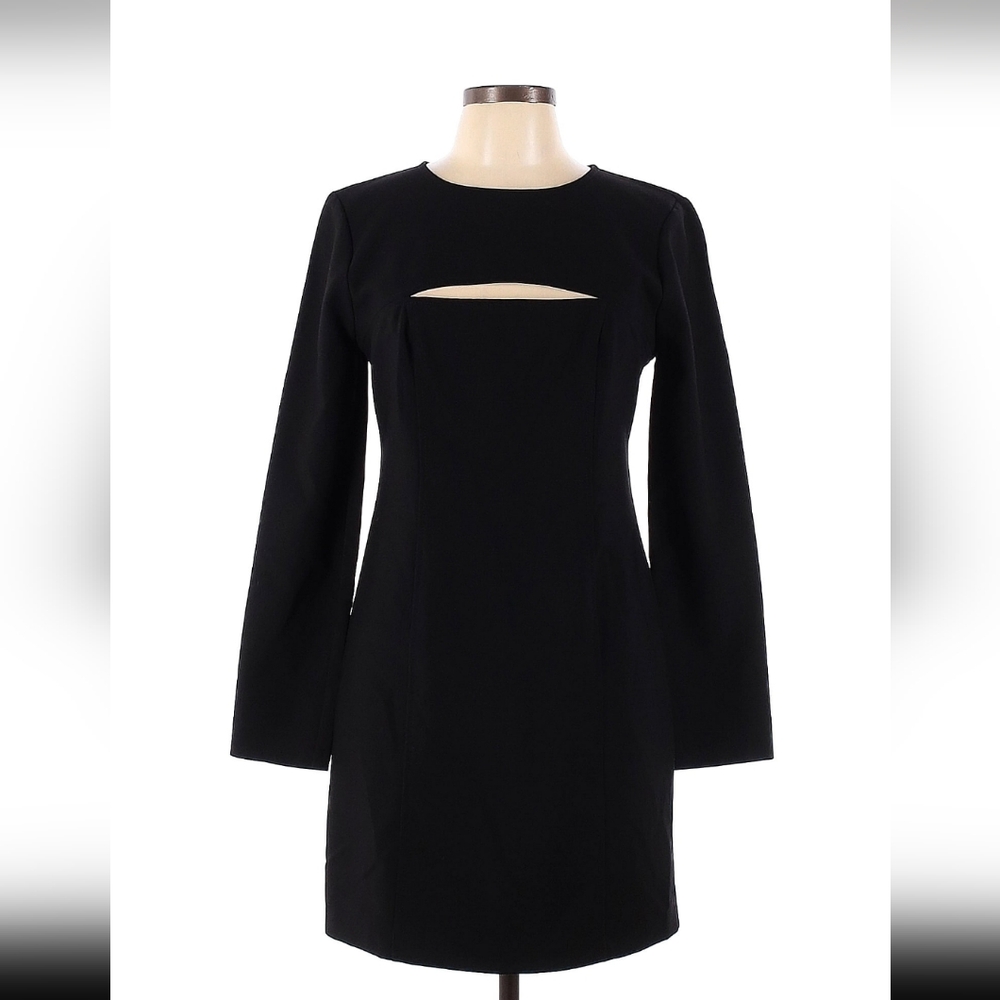 Likely black long bell sleeve dress with exposed lines size 12